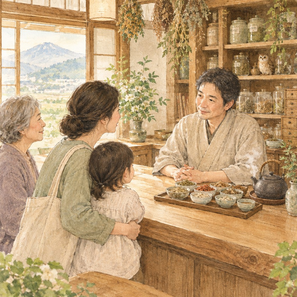 薬剤師に本人やご家族の健康について相談する様子を描いた、ふくろう薬局の手描き風イラスト