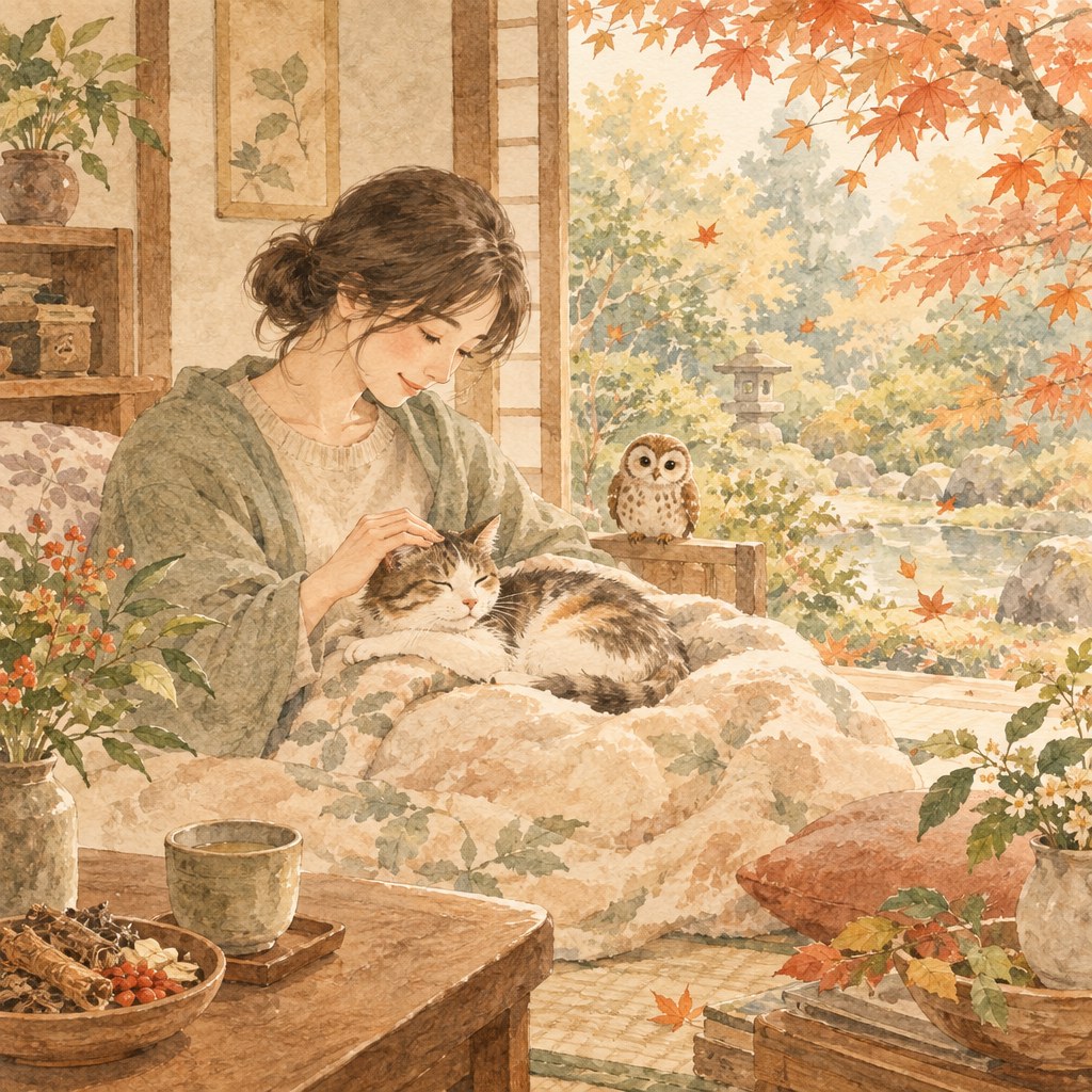 人と猫が安心して暮らす地域づくりを表す秋の水彩イラスト