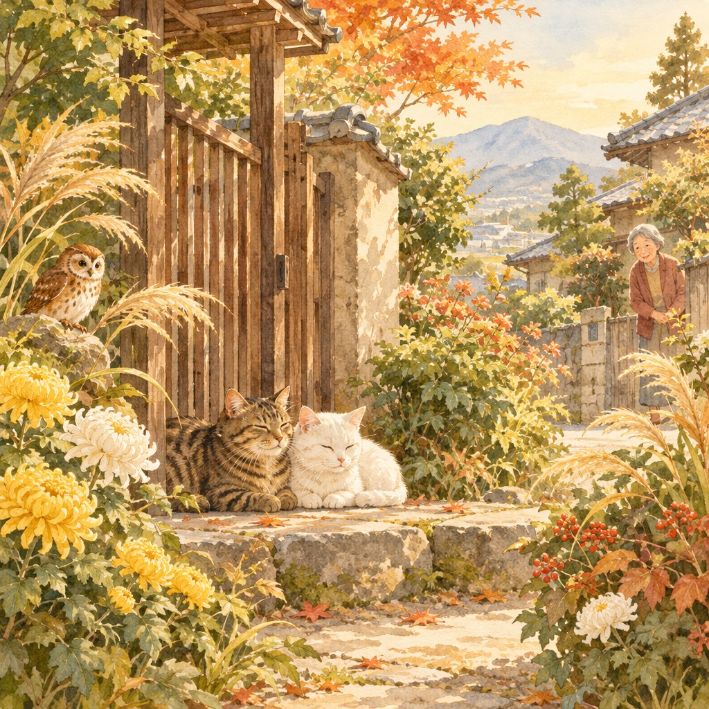 秋の町並みと地域で穏やかに過ごす猫たちの水彩イラスト
