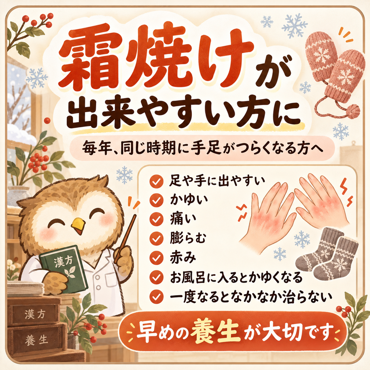 霜焼けが出来やすい方へ。手足の赤みやかゆみを説明するふくろう薬局のイラスト