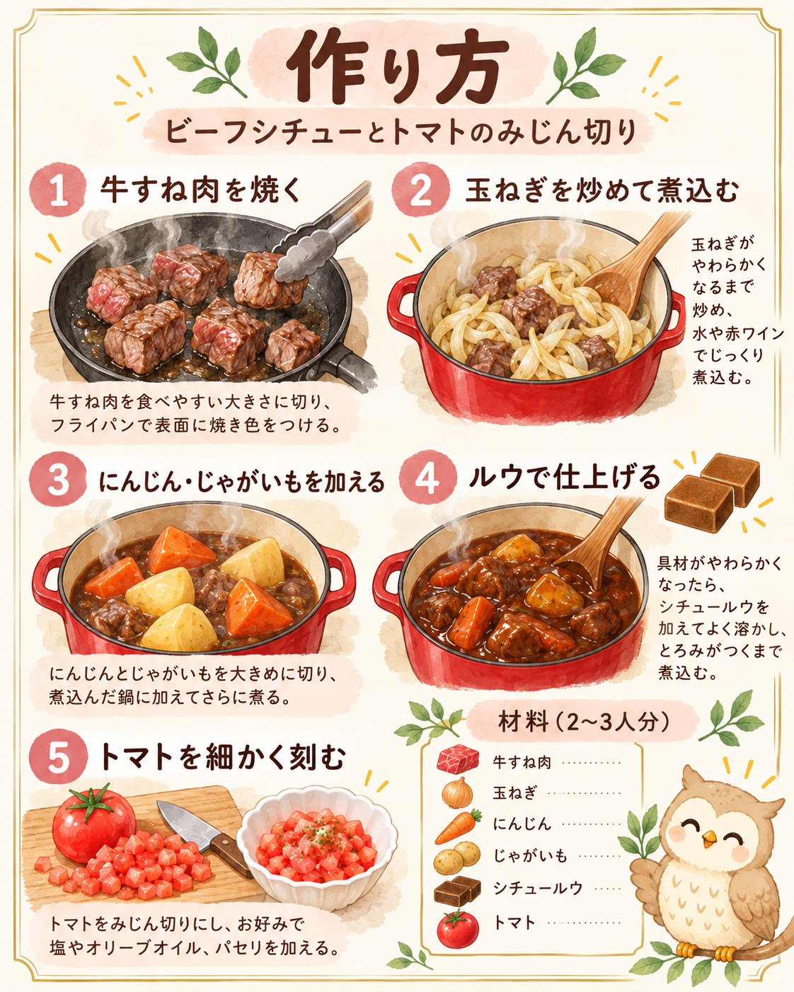ビーフシチューとトマトのみじん切りの作り方を描いたイラスト